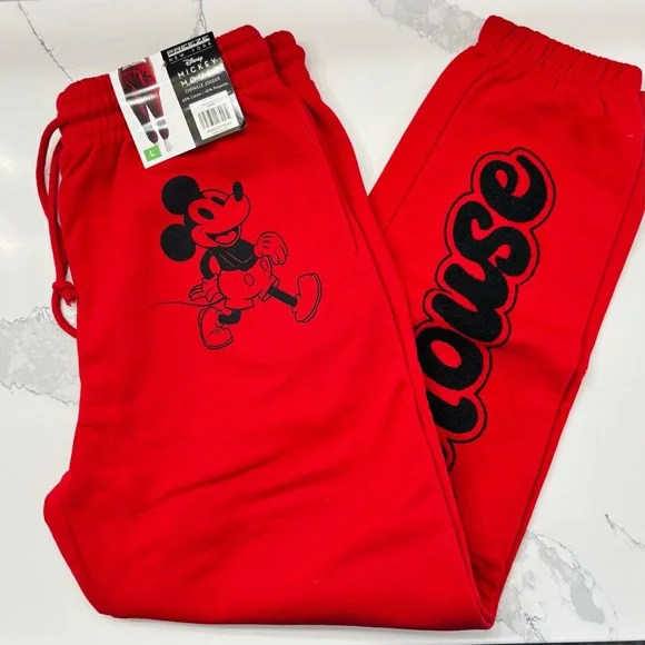 Disney Mickey Mouse Women’s Red Retro Style Chenille Joggers - Picture 3 of 5